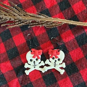 *Handmade-Clay*Skull and Crossbones Earrings w/ Red Bows handmade clay earrings